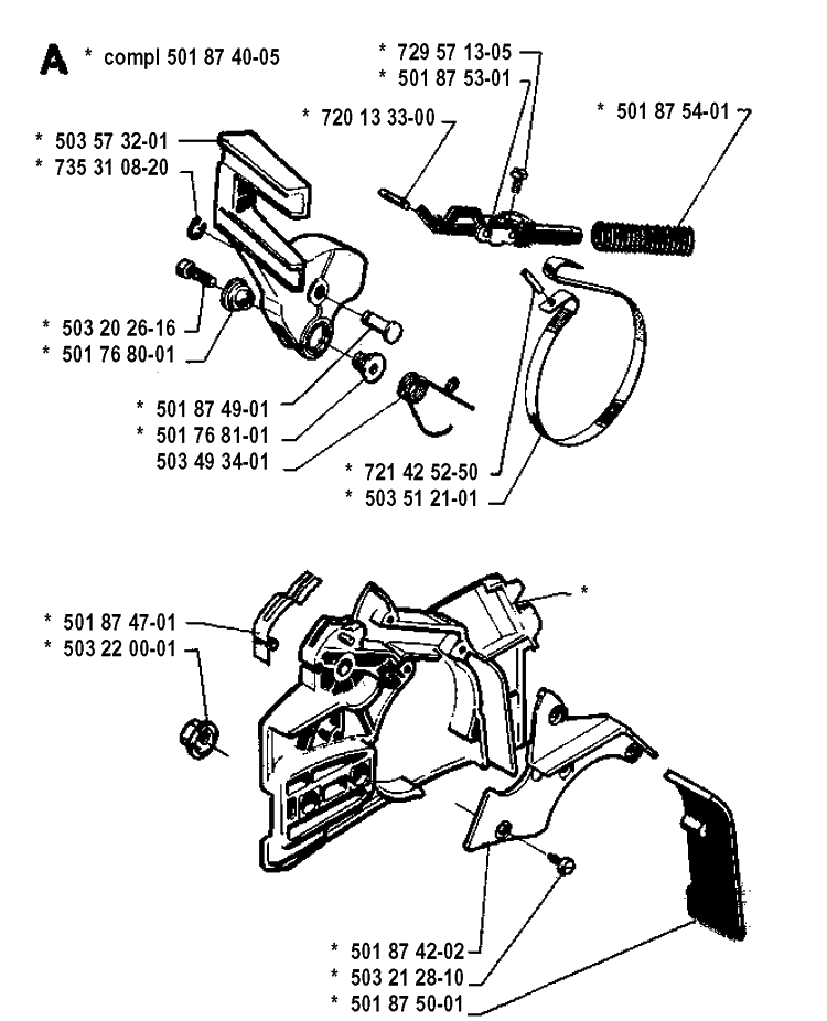 Chain Brake Diagram and Parts List for 262XP 19942300001-19960100000 Husqvarna Chainsaw