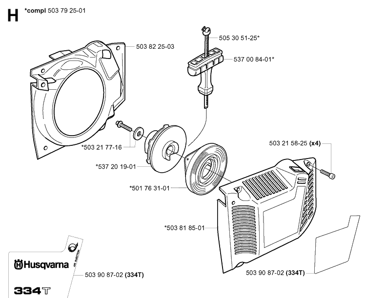 Starter Diagram and Parts List for 334T 20051000001-20060100000 Husqvarna Chainsaw