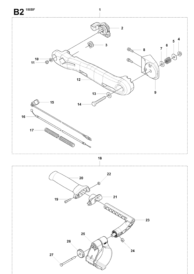 Handle And Controls Diagram and Parts List for 150BF 20071800001-20084000000 Husqvarna Leaf Blower / Vacuum
