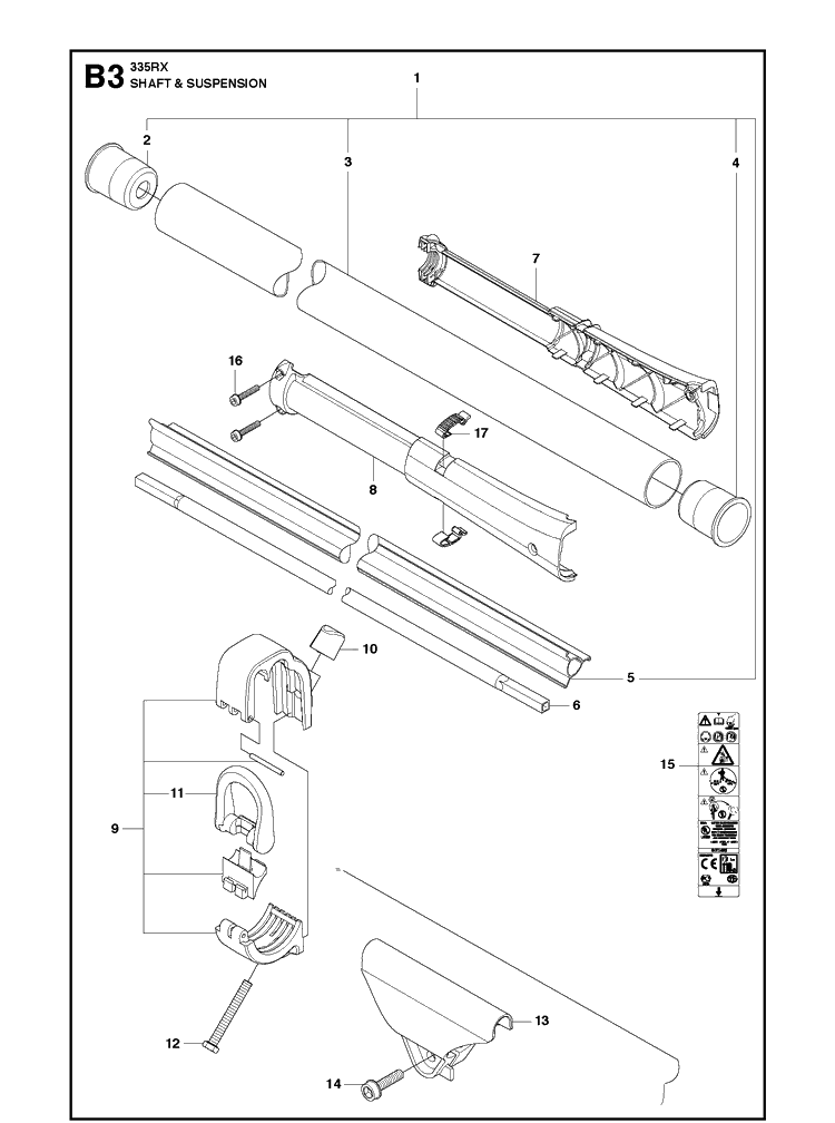 Shaft And Suspension Diagram and Parts List for 335RX  Husqvarna Brush Cutter