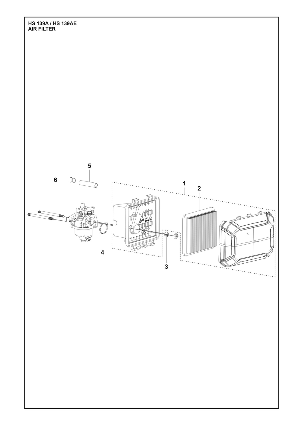Air Filter Diagram and Parts List for HS139A531450601 HS 139AE 531450801, 531450802 Husqvarna Engine