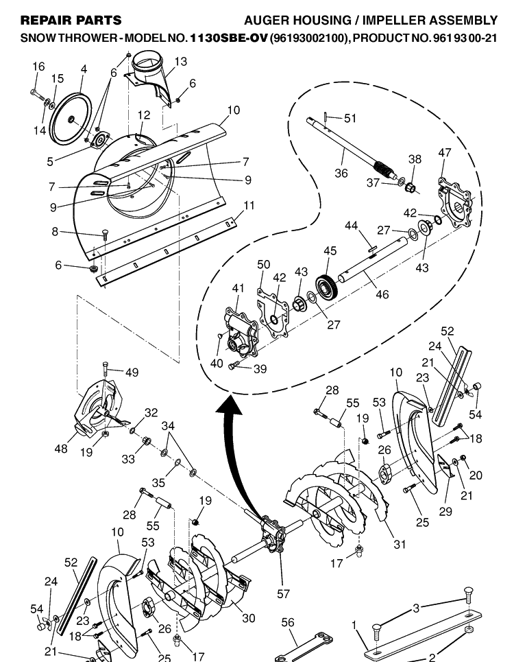 Auger Housing And Impeller Diagram and Parts List for 1130SBEOV (961930021)(2006-09) Husqvarna Snow Blower