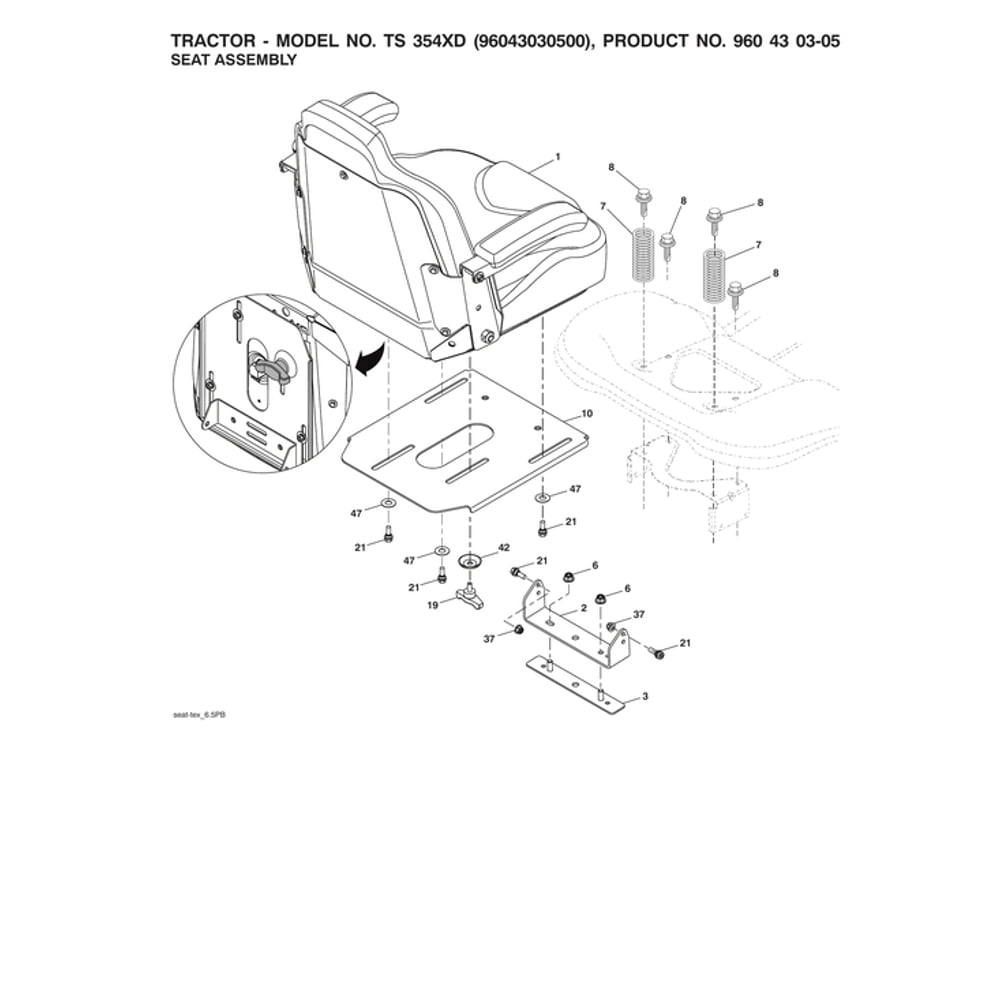 Seat Assy Diagram and Parts List for 96043030500  Husqvarna Lawn Tractor