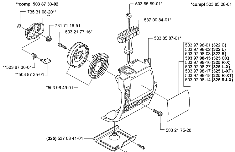 Starter Diagram and Parts List for 322R 2000-04 Husqvarna Brush Cutter
