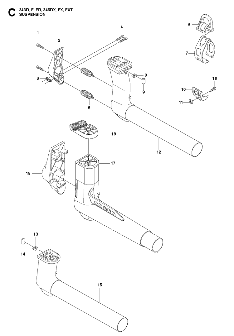Suspension Diagram and Parts List for 345RX 20103600001-20144899999 Husqvarna Brush Cutter