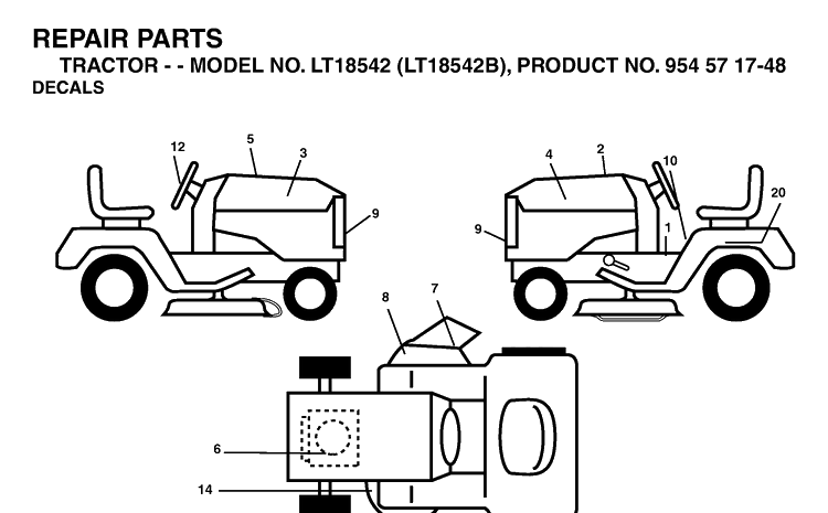 Decals Diagram and Parts List for LT18542-LT18542B 2004-02 Husqvarna Lawn Tractor