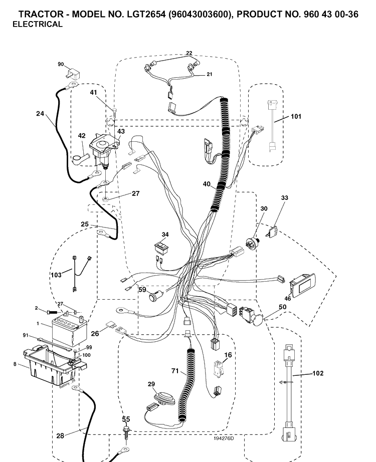Electrical Diagram and Parts List for LGT2654 (96043003600)(2006-12) Husqvarna Lawn Tractor