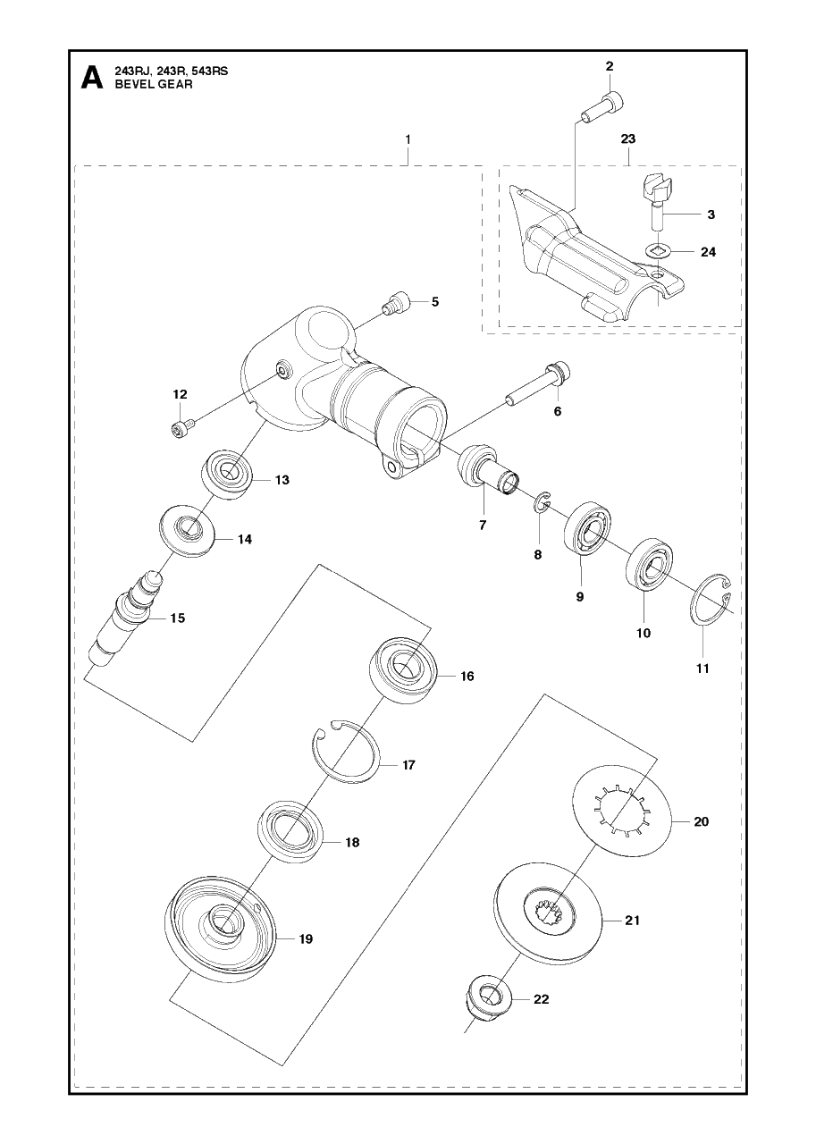 Bevel Gear Diagram and Parts List for 243RJ 20182200001 & Above Husqvarna Trimmer