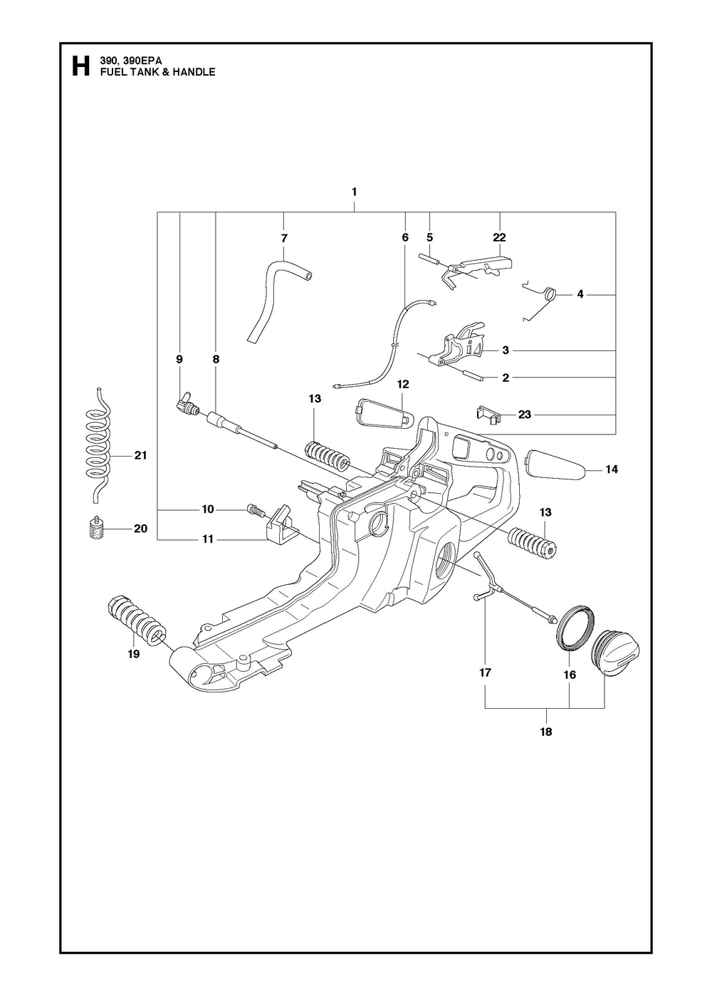 Fuel Tank And Handle Diagram and Parts List for 390XP-390XPG 390 XP W - 390 XP GW Husqvarna Chainsaw