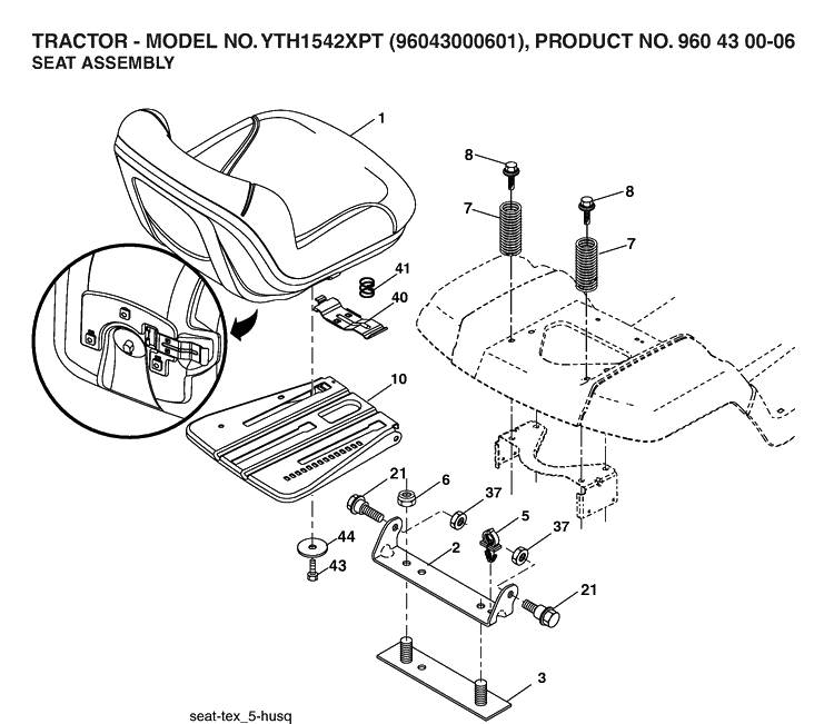 Seat Diagram and Parts List for YTH1542XP (96043000601)(2006-03) Husqvarna Lawn Tractor