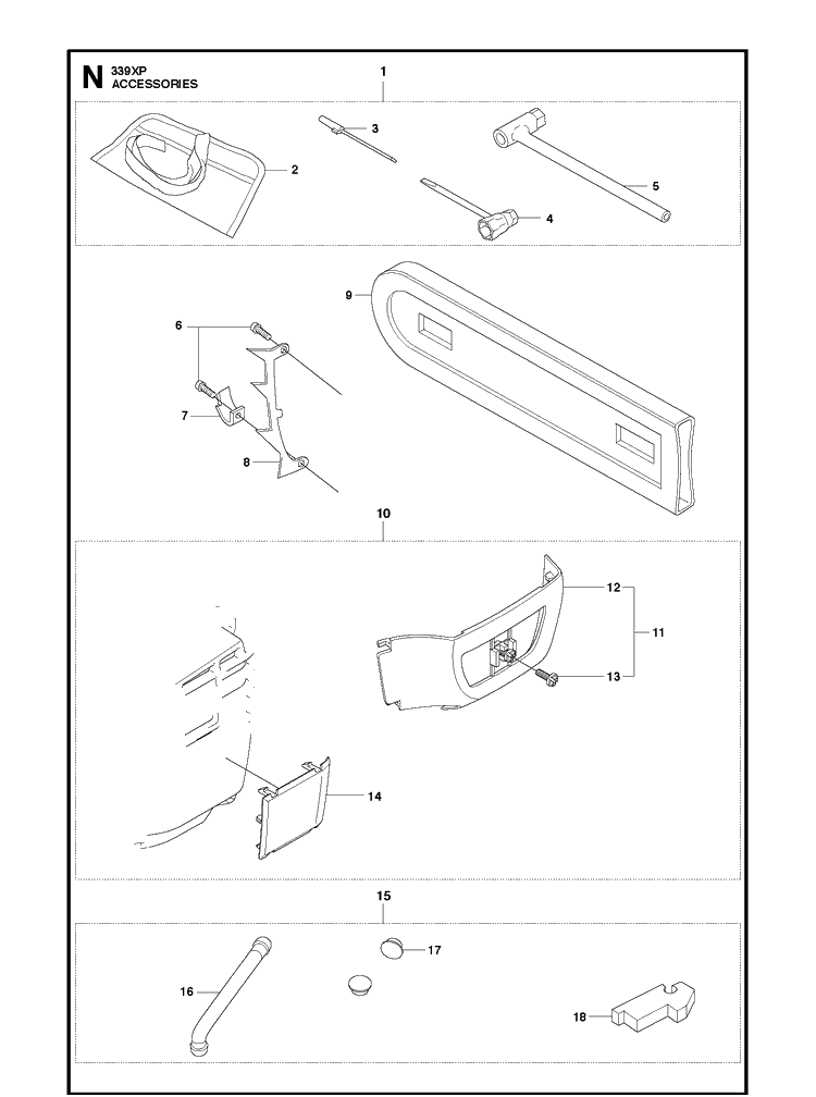 Accessories Diagram and Parts List for 339XP 20100600001-Current Husqvarna Chainsaw