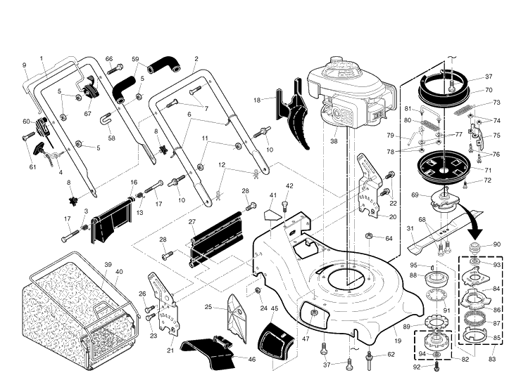 Frame And Engine Diagram and Parts List for 7021RB  Husqvarna Lawn Mower