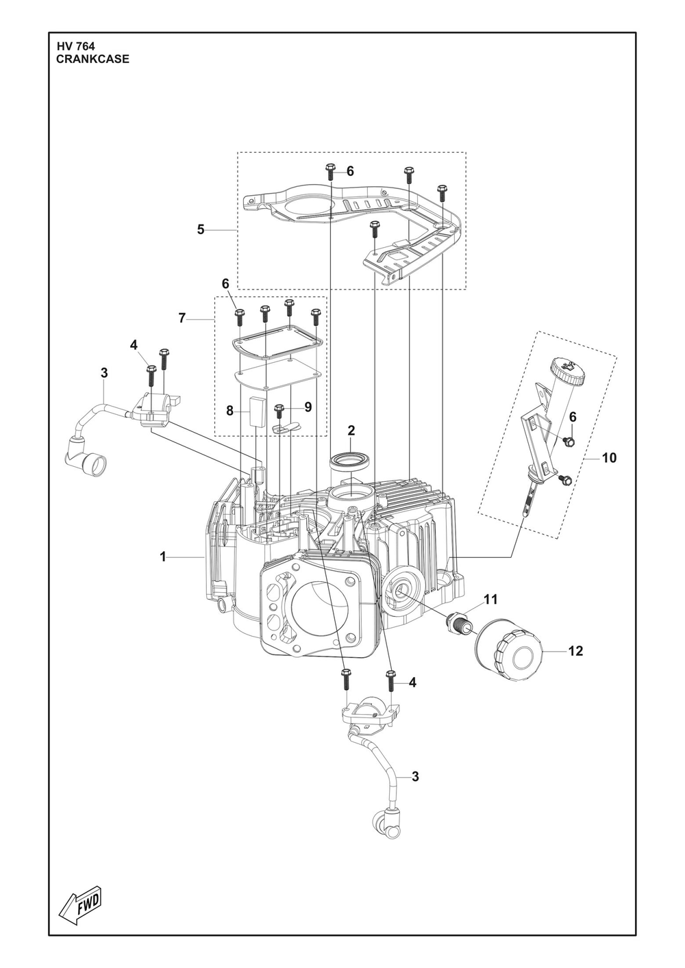 Crankcase Diagram and Parts List for HV764  Husqvarna Engine