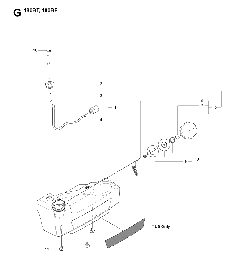 Fuel Tank Diagram and Parts List for 180BF 20084000001-Current Husqvarna Leaf Blower / Vacuum