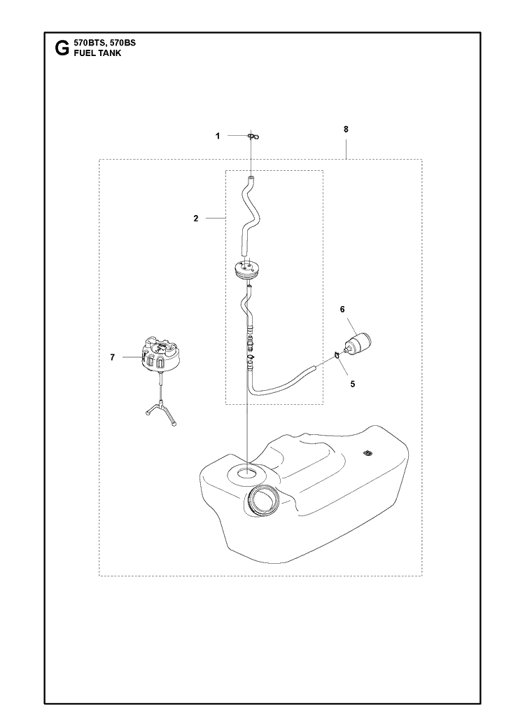 Fuel Tank Diagram and Parts List for 570BTS 20111800001-Current Husqvarna Leaf Blower / Vacuum