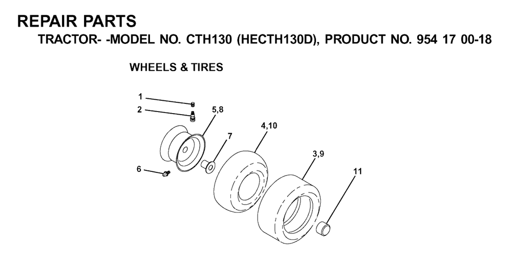 Wheels And Tires Diagram and Parts List for CTH130 (954170018-D)(2001-02) Husqvarna Lawn Tractor