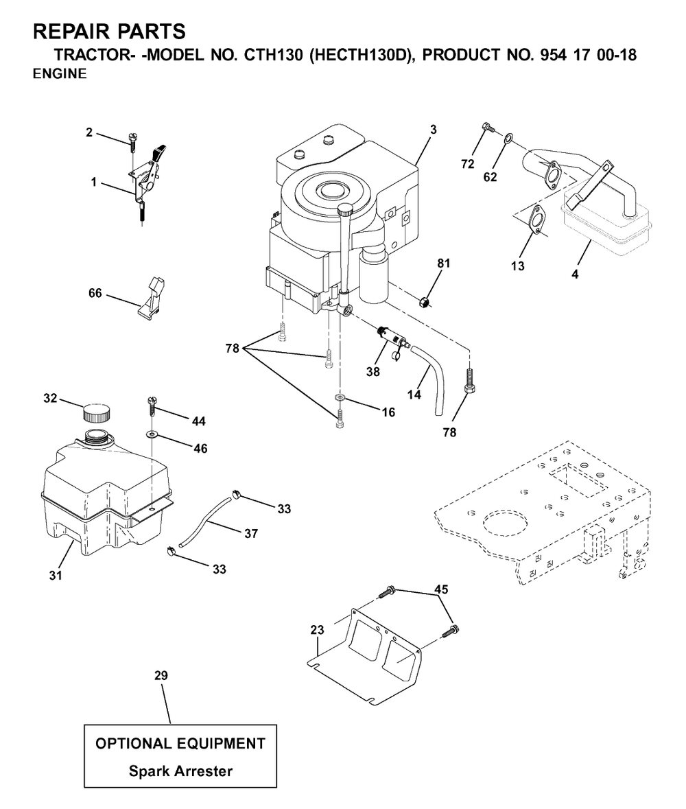 Engine And Cutting Equipment Diagram and Parts List for CTH130 (954170018-D)(2001-02) Husqvarna Lawn Tractor