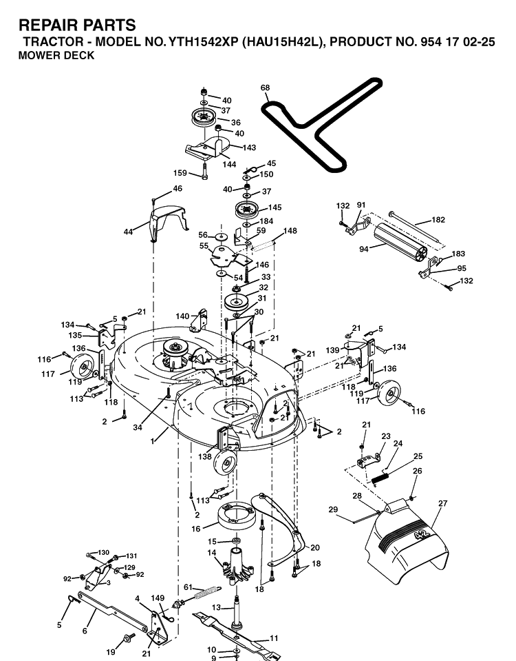 Mower Deck / Cutting Deck Diagram and Parts List for YTH1542XP (HAU15H42L)(2005-05) Husqvarna Lawn Tractor