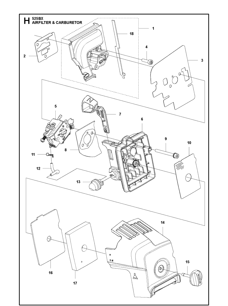 Carburetor And Air Filter Diagram and Parts List for 525BX  Husqvarna Leaf Blower / Vacuum