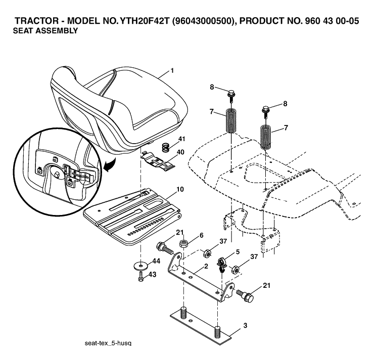 Seat Diagram and Parts List for YTH20F42T (96043000500)(2006-02) Husqvarna Lawn Tractor