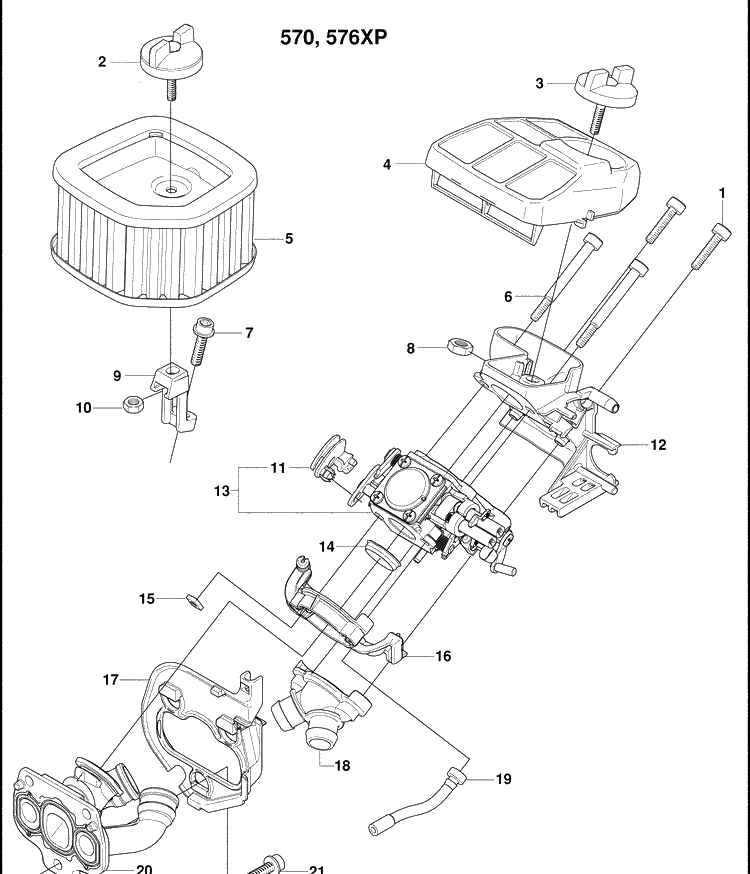 Carburetor And Air Filter Diagram and Parts List for 570EPA 2009-01 Husqvarna Chainsaw