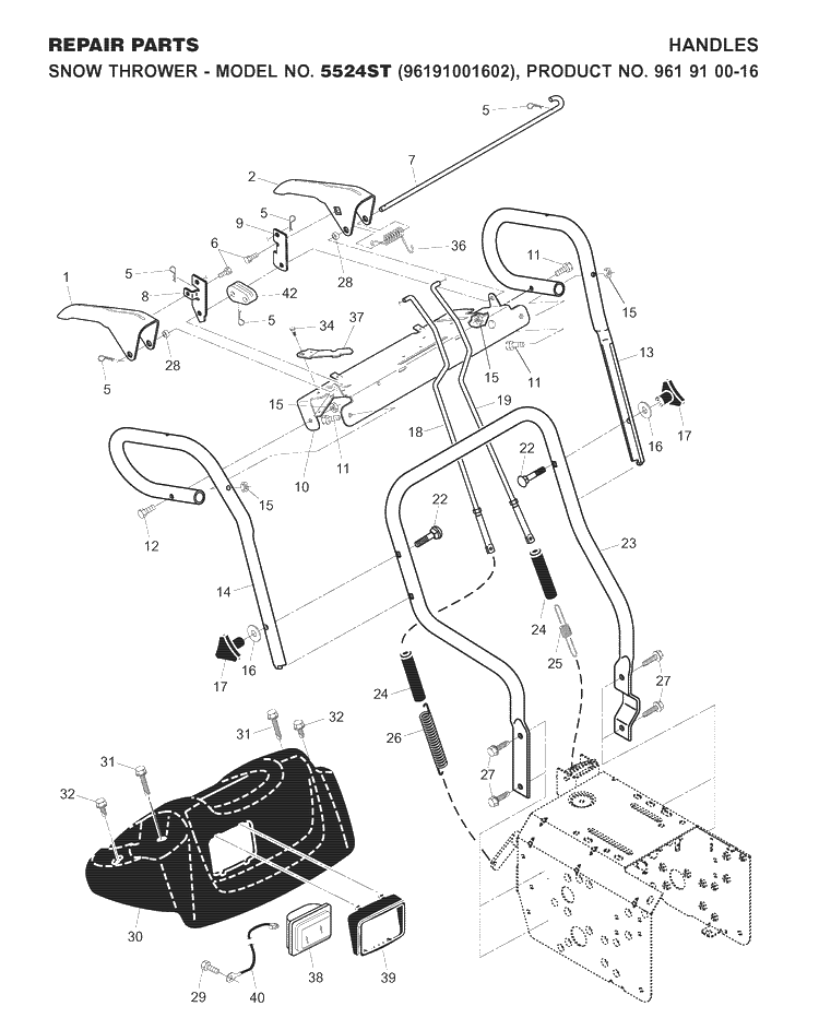 Handle Diagram and Parts List for 5524ST (96191001602)(2007-10) Husqvarna Snow Blower