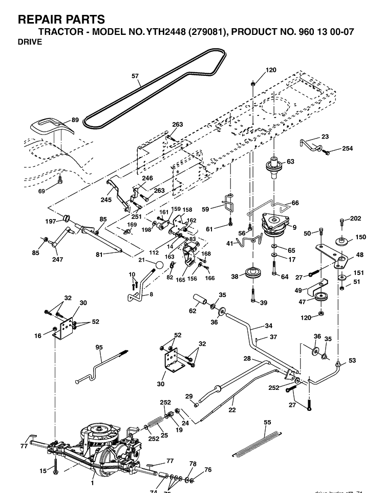 Drive Diagram and Parts List for YTH2448-279081 2005-08 Husqvarna Lawn Tractor