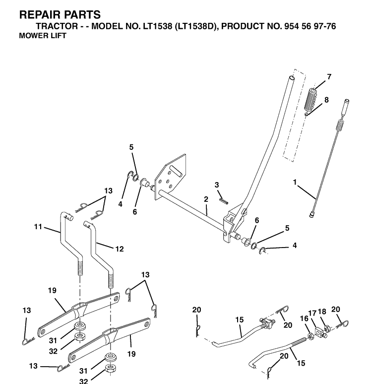 Mower Lift / Deck Lift Diagram and Parts List for LT1538-LT1538D 2003-01 Husqvarna Lawn Tractor