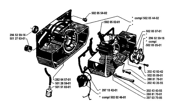 Crankcase Assembly Diagram and Parts List for 140R 1980-02 Husqvarna Brush Cutter