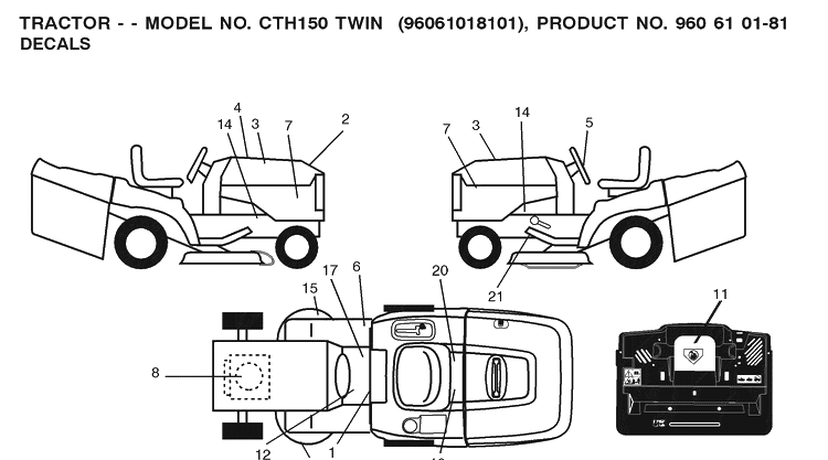 Decals Diagram and Parts List for CTH150 (96061018101)(2008-07) Husqvarna Lawn Tractor