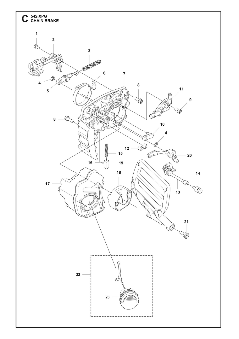 Chain Brake Diagram and Parts List for 542IXPG  Husqvarna Chainsaw