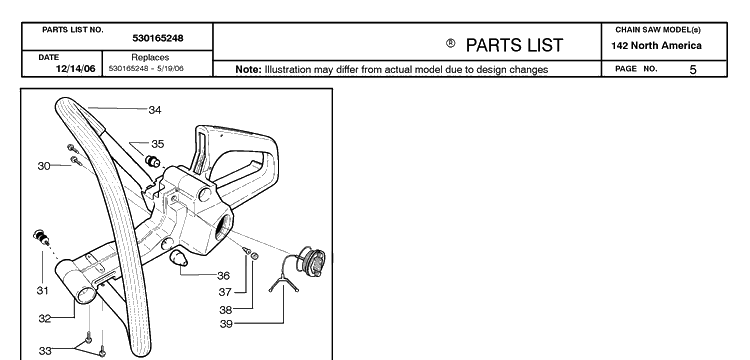Fuel Tank And Handle Diagram and Parts List for 142 20064900001-20070100000 Husqvarna Chainsaw