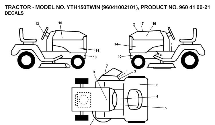 Decals Diagram and Parts List for YTH150 (96041002101)(2008-01) Husqvarna Lawn Tractor