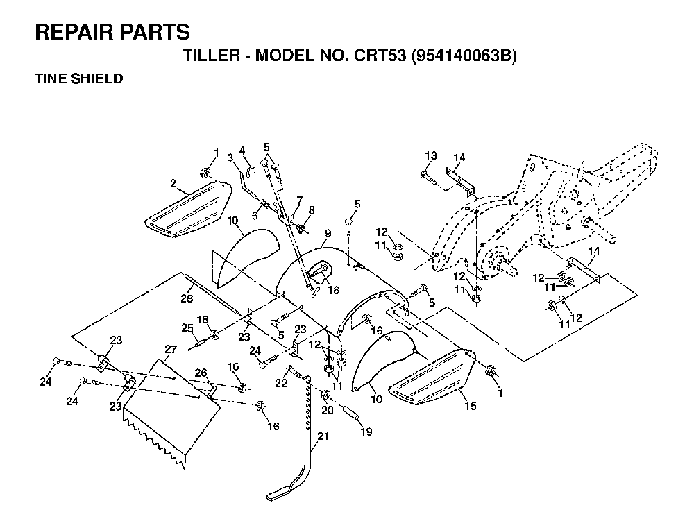 Tine Shield Diagram and Parts List for CRT53 (954140063B)(1998-07) Husqvarna Tiller