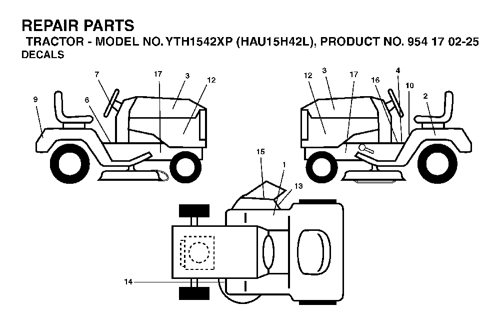 Decals Diagram and Parts List for YTH1542XP (HAU15H42L, 954170225)(2005-05) Husqvarna Lawn Tractor