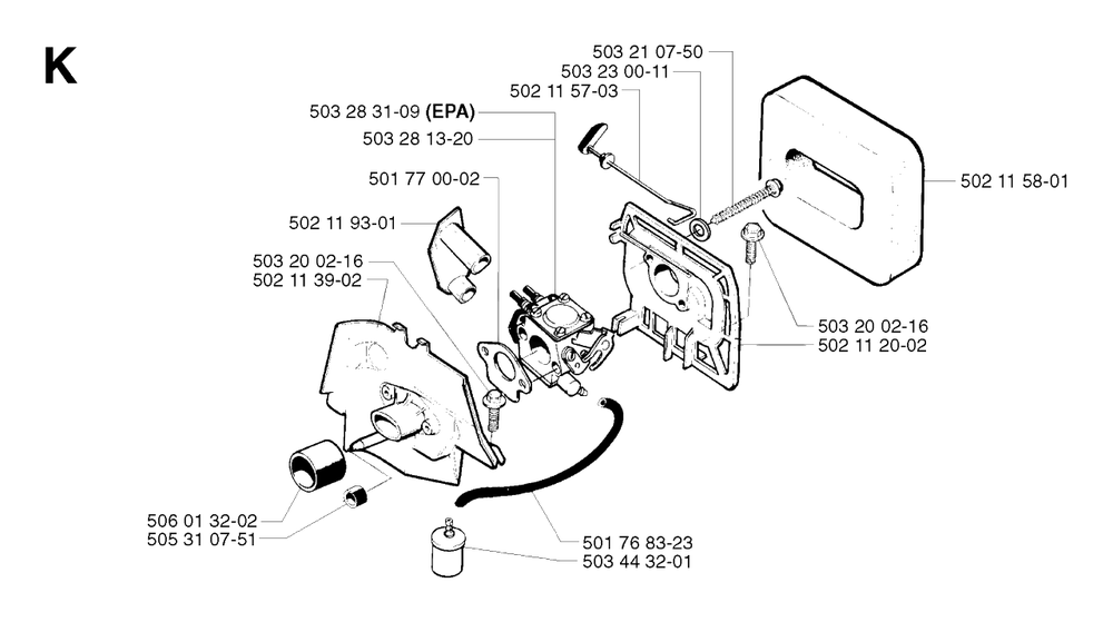 Carburetor And Air Filter Diagram and Parts List for 245RX 20023100001 & Above Husqvarna Trimmer