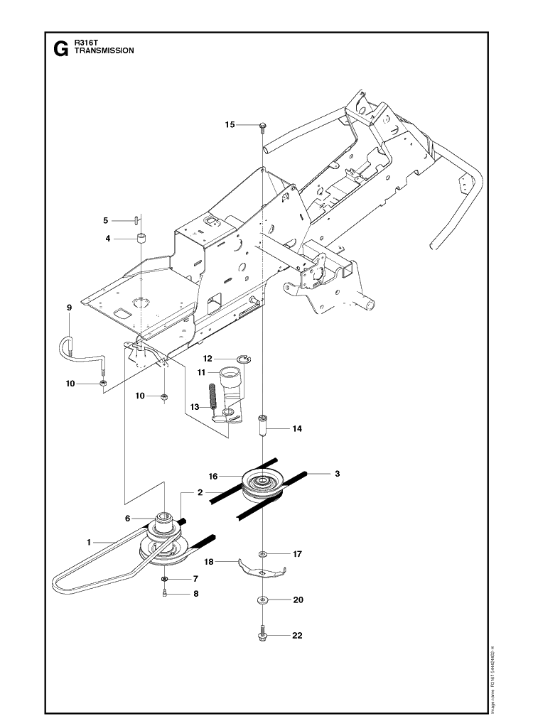 Transmission Diagram and Parts List for R316T (966757501)(2012) Husqvarna Lawn Mower