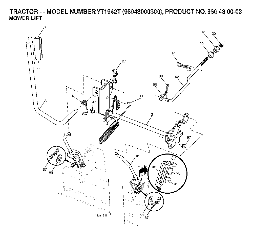 Mower Lift / Deck Lift Diagram and Parts List for YT1942T (96043000300, 960430003)(2006-05) Husqvarna Lawn Tractor