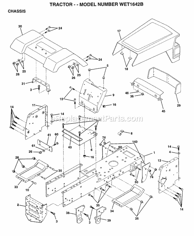 Chassis Diagram and Parts List for WET1642B 1996 Husqvarna Lawn Tractor
