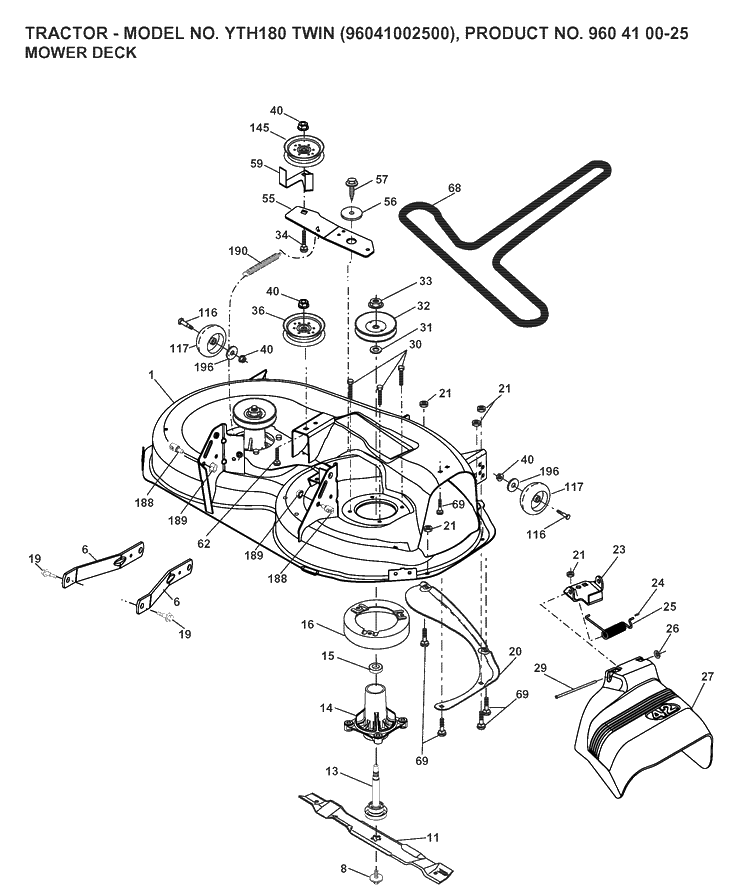 Mower Deck / Cutting Deck Diagram and Parts List for YTH180 (96041002500)(2007-02) Husqvarna Lawn Tractor