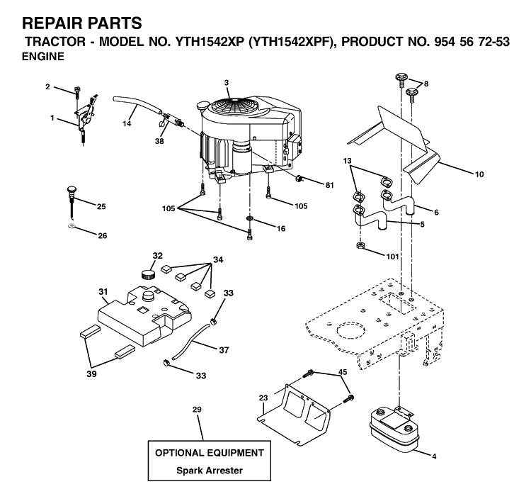 Engine Diagram and Parts List for YTH1542XP (954567253)(2002-03) Husqvarna Lawn Tractor