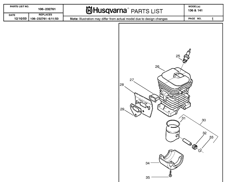 Cylinder Piston Diagram and Parts List for 136 20040100001-Current Husqvarna Chainsaw