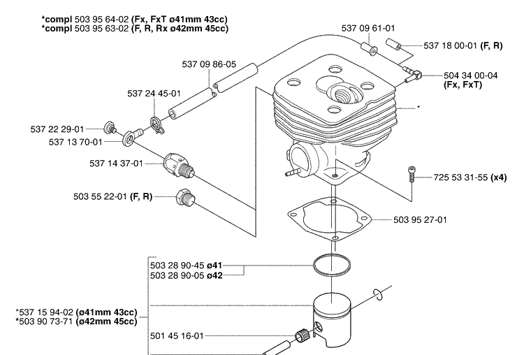 Piston / Cylinder Diagram and Parts List for 345RX 2003-05 Husqvarna Brush Cutter