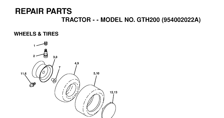 Wheels And Tires Diagram and Parts List for GTH200 (954002022A)(1995-05) Husqvarna Lawn Tractor