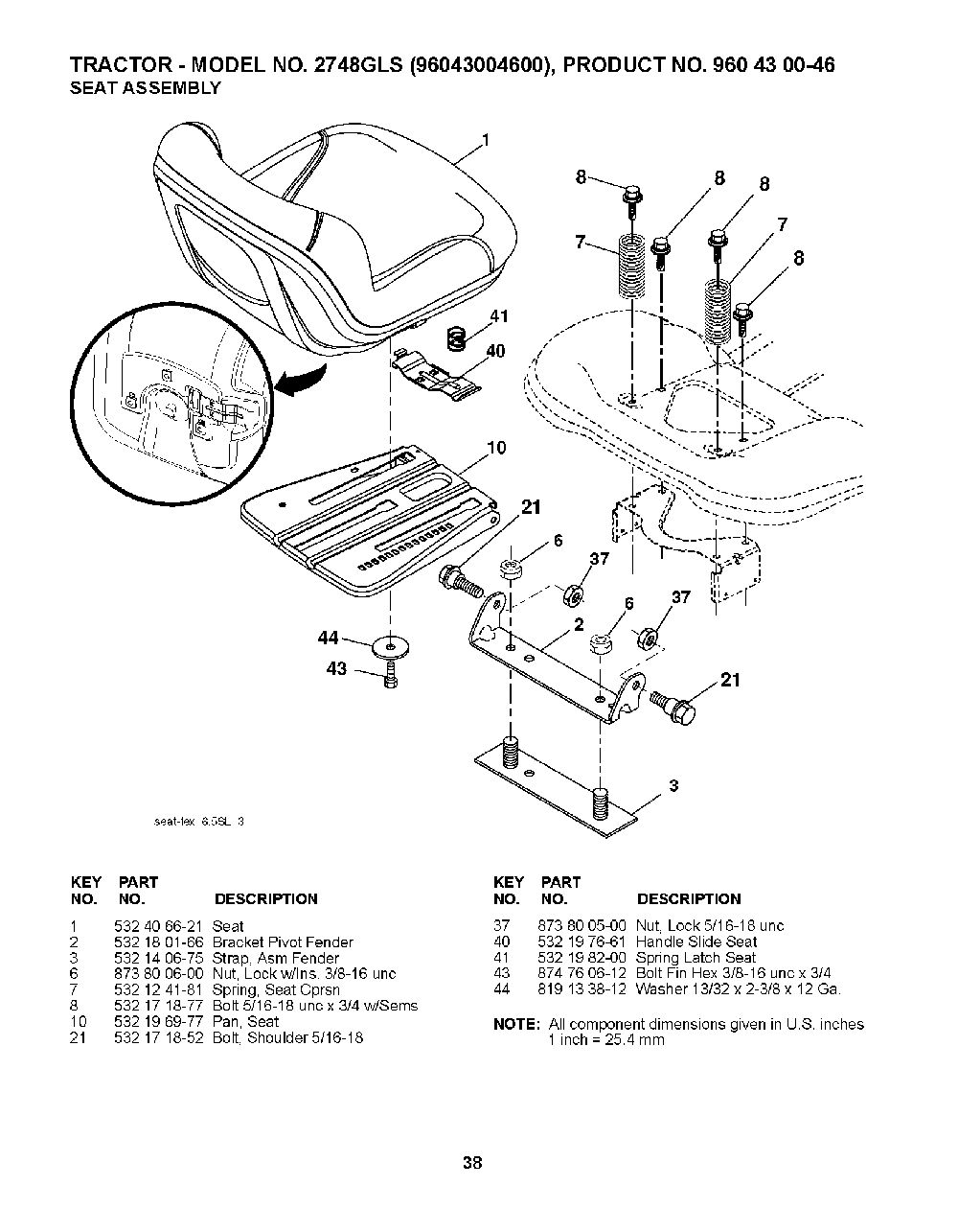 Seat Diagram and Parts List for 2748GLS (96043004600)(2008-01) Husqvarna Lawn Tractor