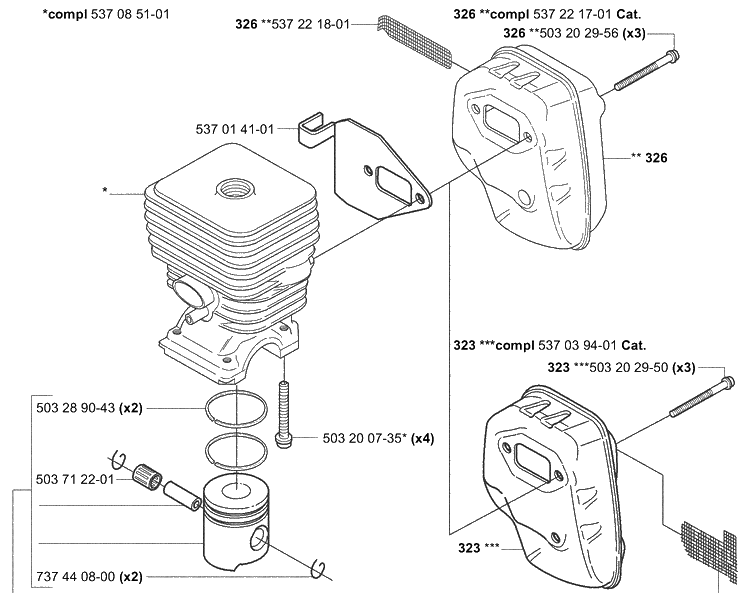 Piston / Cylinder / Muffler Diagram and Parts List for 323L 2004-03 Husqvarna Brush Cutter