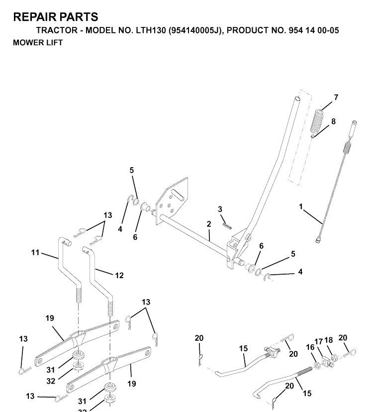 Mower Lift / Deck Lift Diagram and Parts List for LTH130 (954140005J)(1998-10) Husqvarna Lawn Tractor
