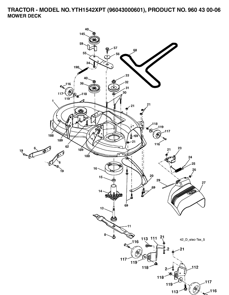 Mower Deck / Cutting Deck Diagram and Parts List for YTH1542XP (96043000601)(2006-06) Husqvarna Lawn Tractor