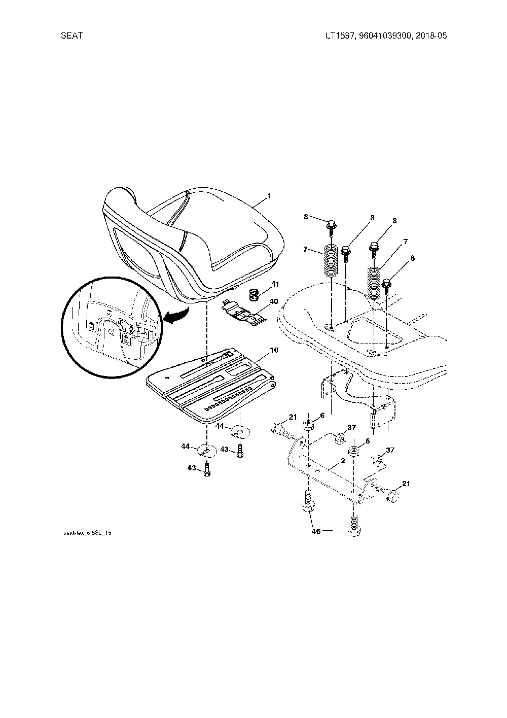 Seat Diagram and Parts List for LT1597-96041039300  Husqvarna Lawn Tractor
