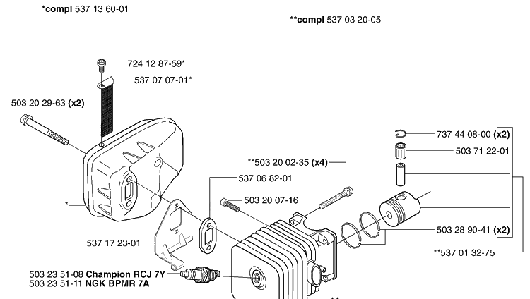 Piston / Cylinder / Muffler Diagram and Parts List for 325HD60 (X-SERIES)(2002-06) Husqvarna Hedge Trimmer